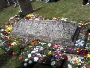 The children's flower cushions on John Clare's grave (photo credit: Abigail Robinson)