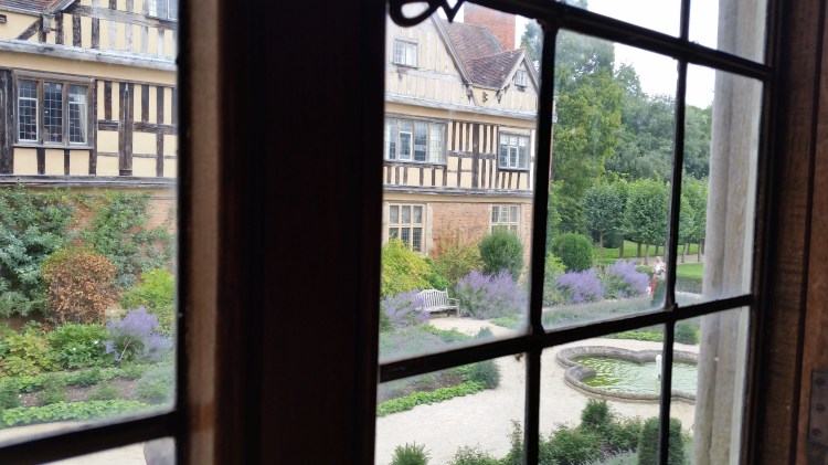 view from window in south wing, onto the garden in the forecourt Coughton Court