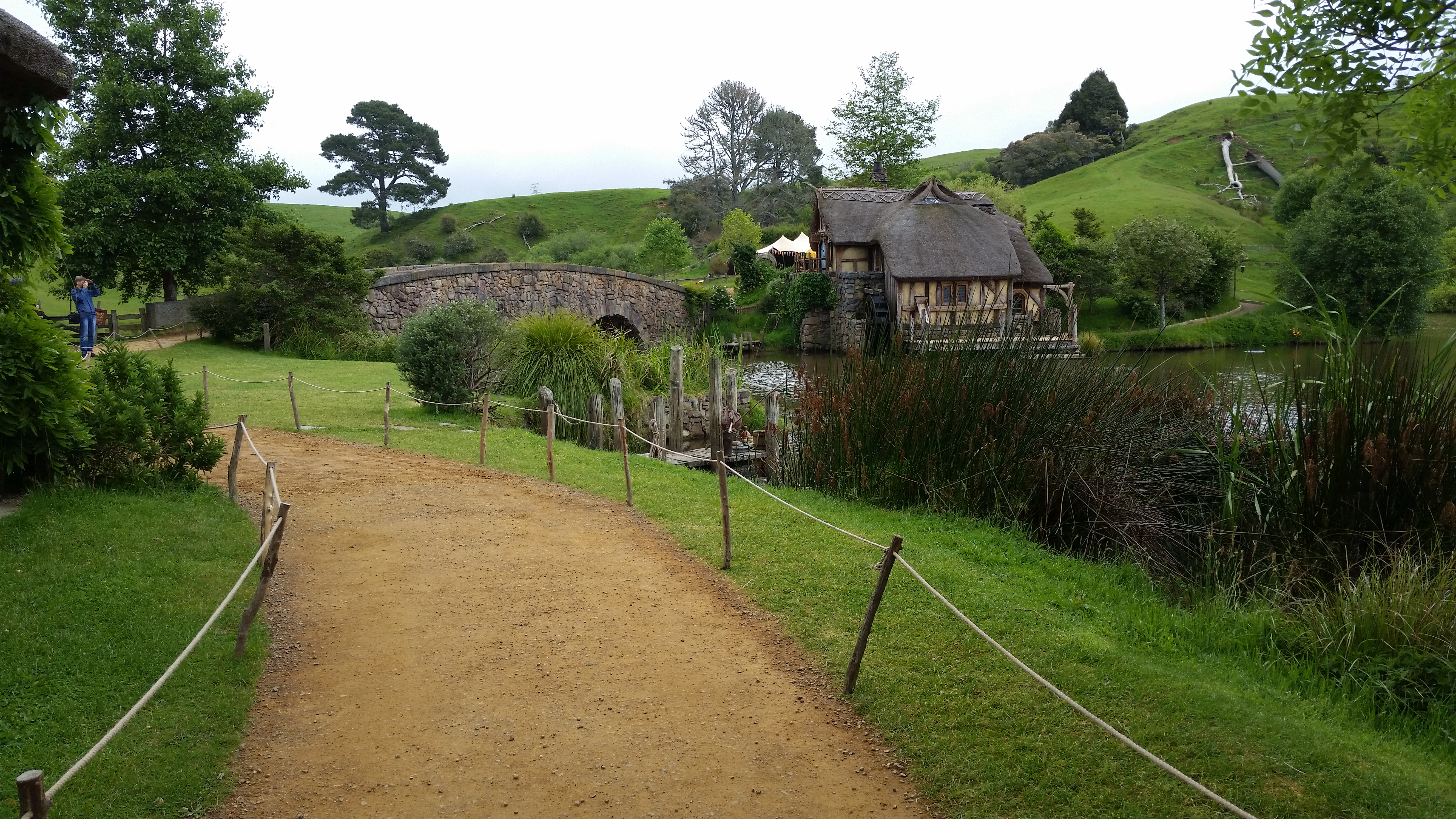View showing the mill and the bridge at Hobbiton film set