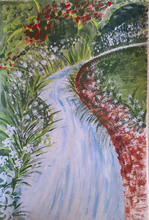 river and garden in acrylic paints SC Skillman lockdown art