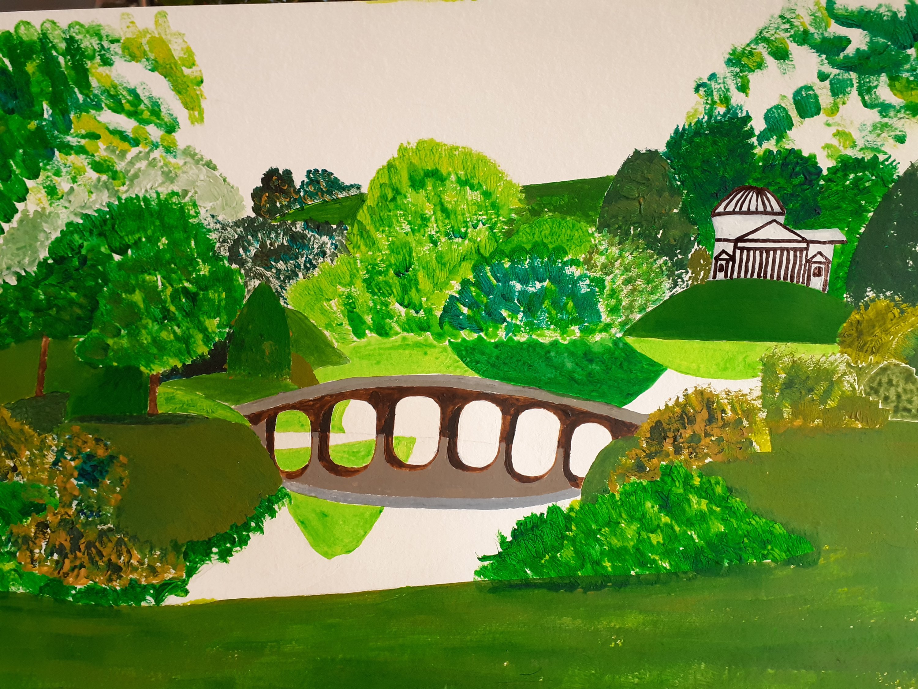 parkland, lake, bridge and temple in acrylic paints SC Skillman lockdown art