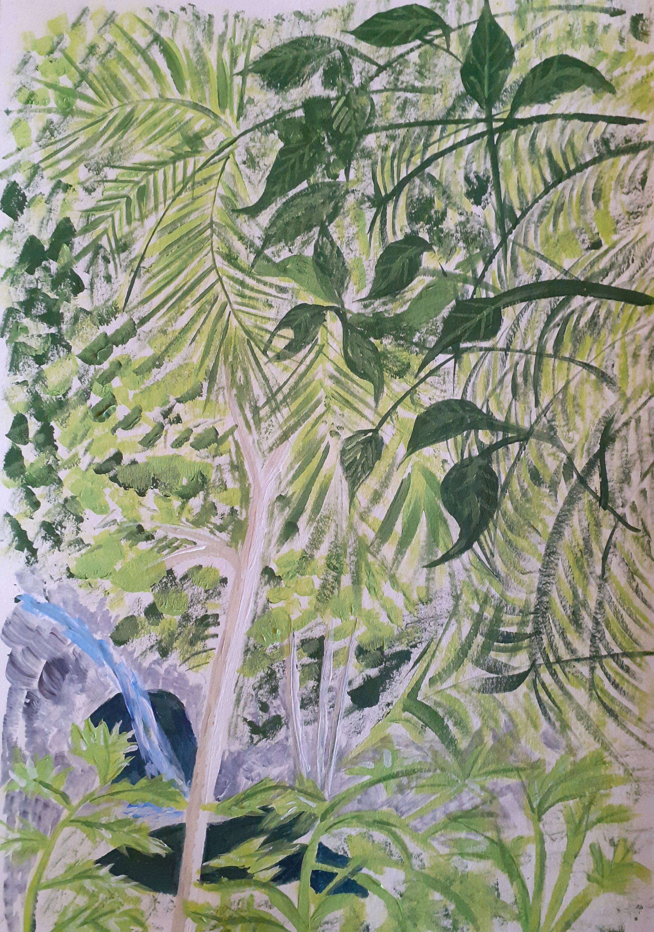 rainforest and waterfall in acrylic paints SC Skillman lockdown art