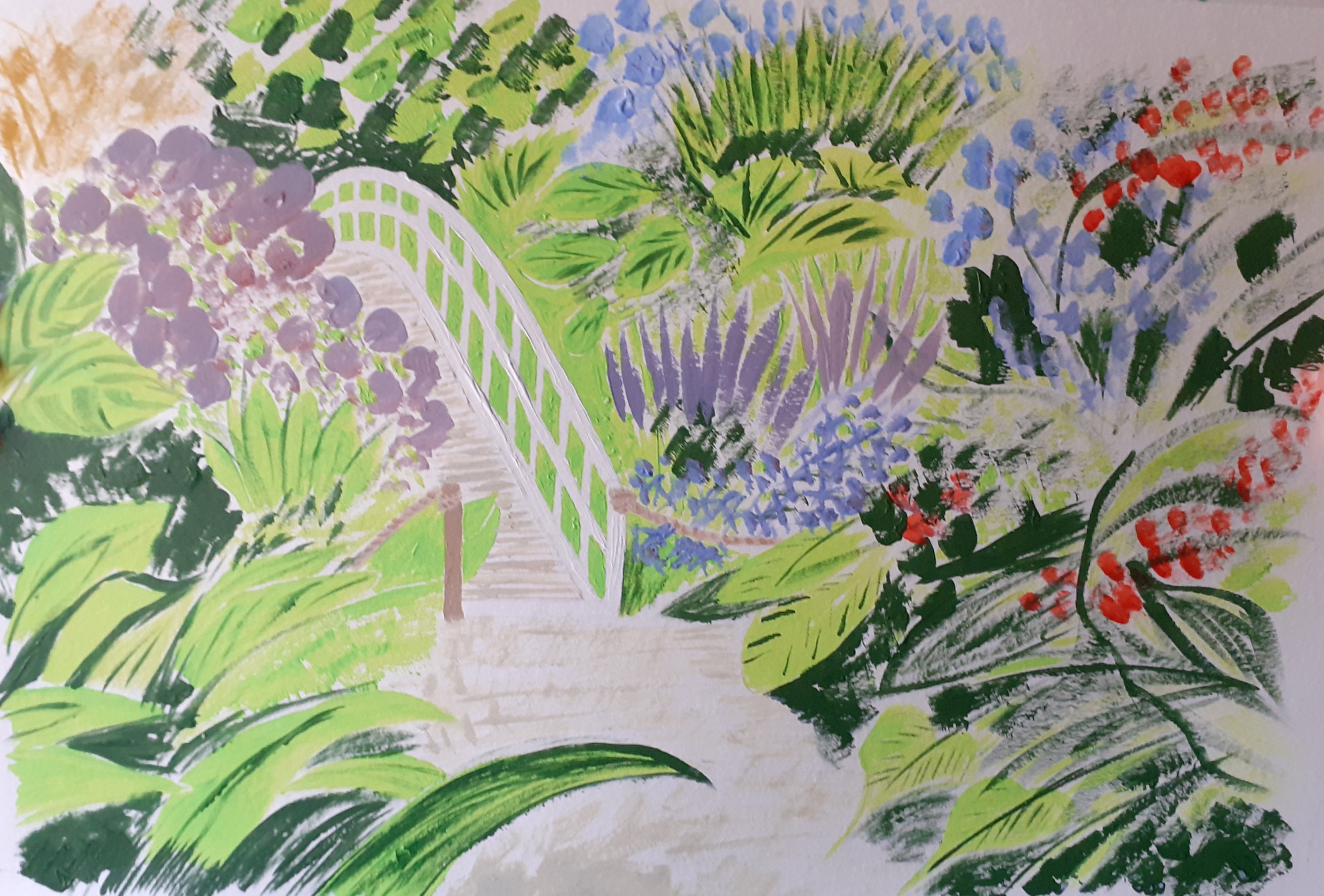 garden and bridge in acrylic paints SC Skillman lockdown art