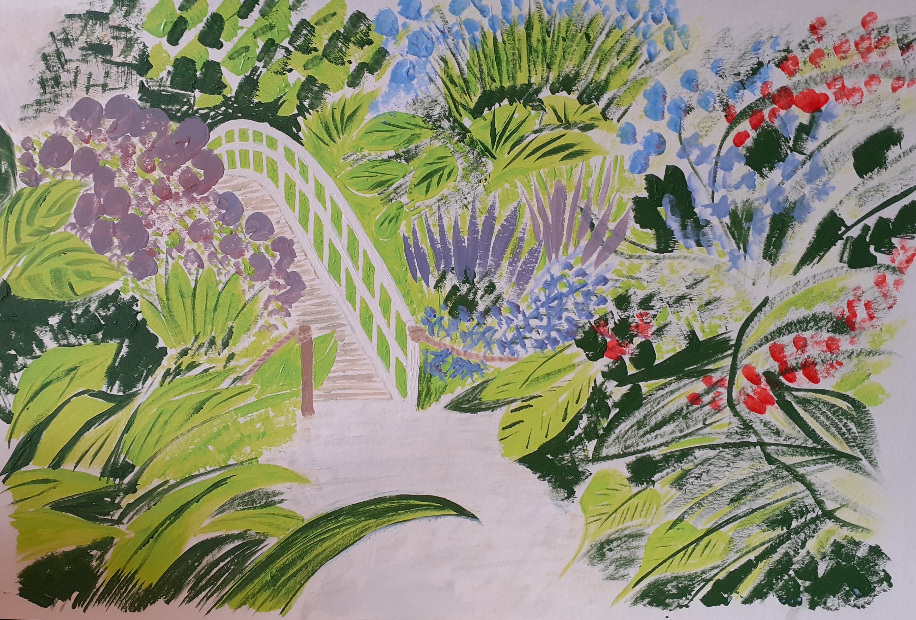 garden and bridge in acrylic paints SC Skillman lockdown art