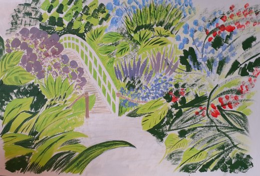 garden and bridge in acrylic paints SC Skillman lockdown art