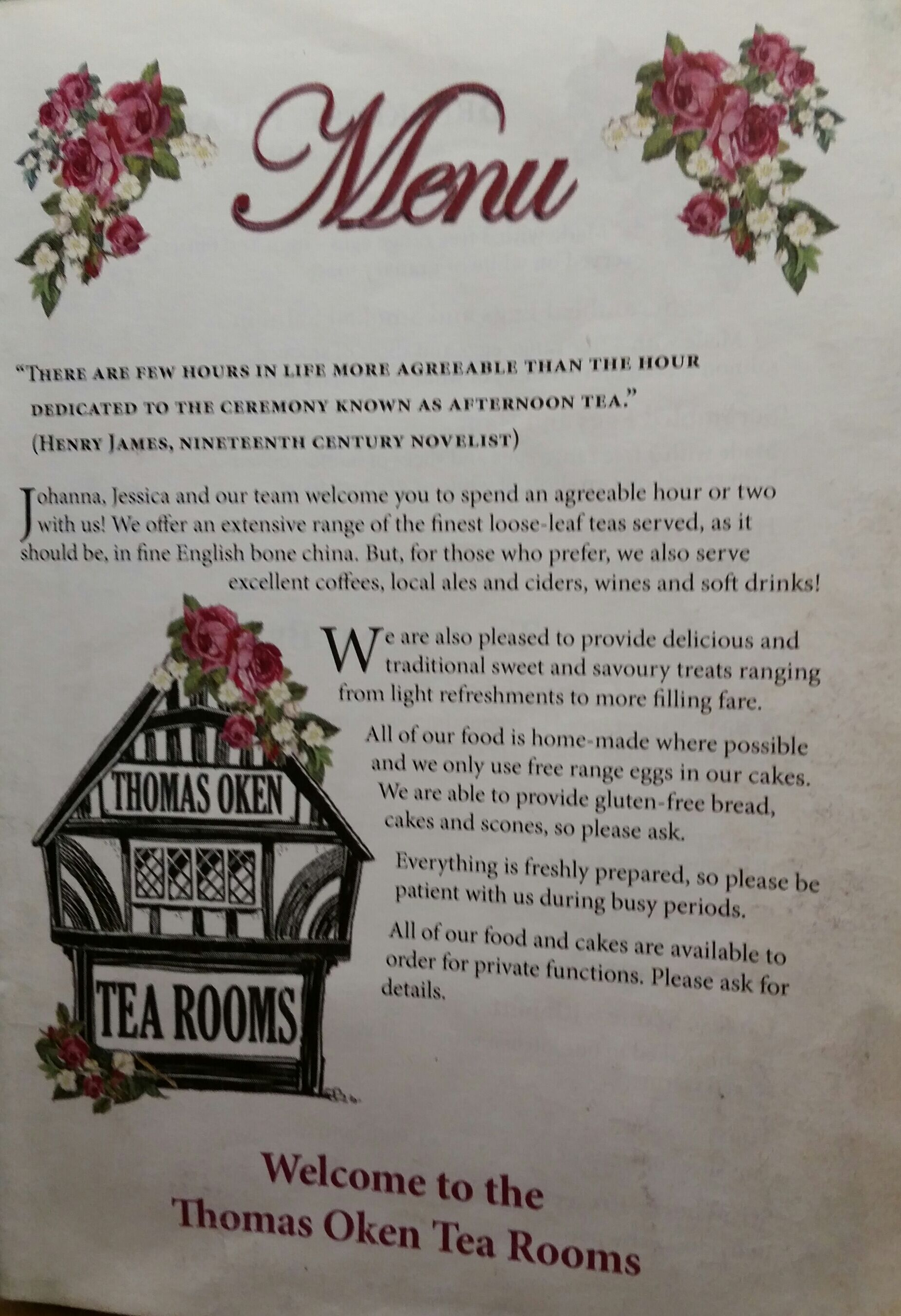 Menu Thomas Oken's Tea Rooms Warwick