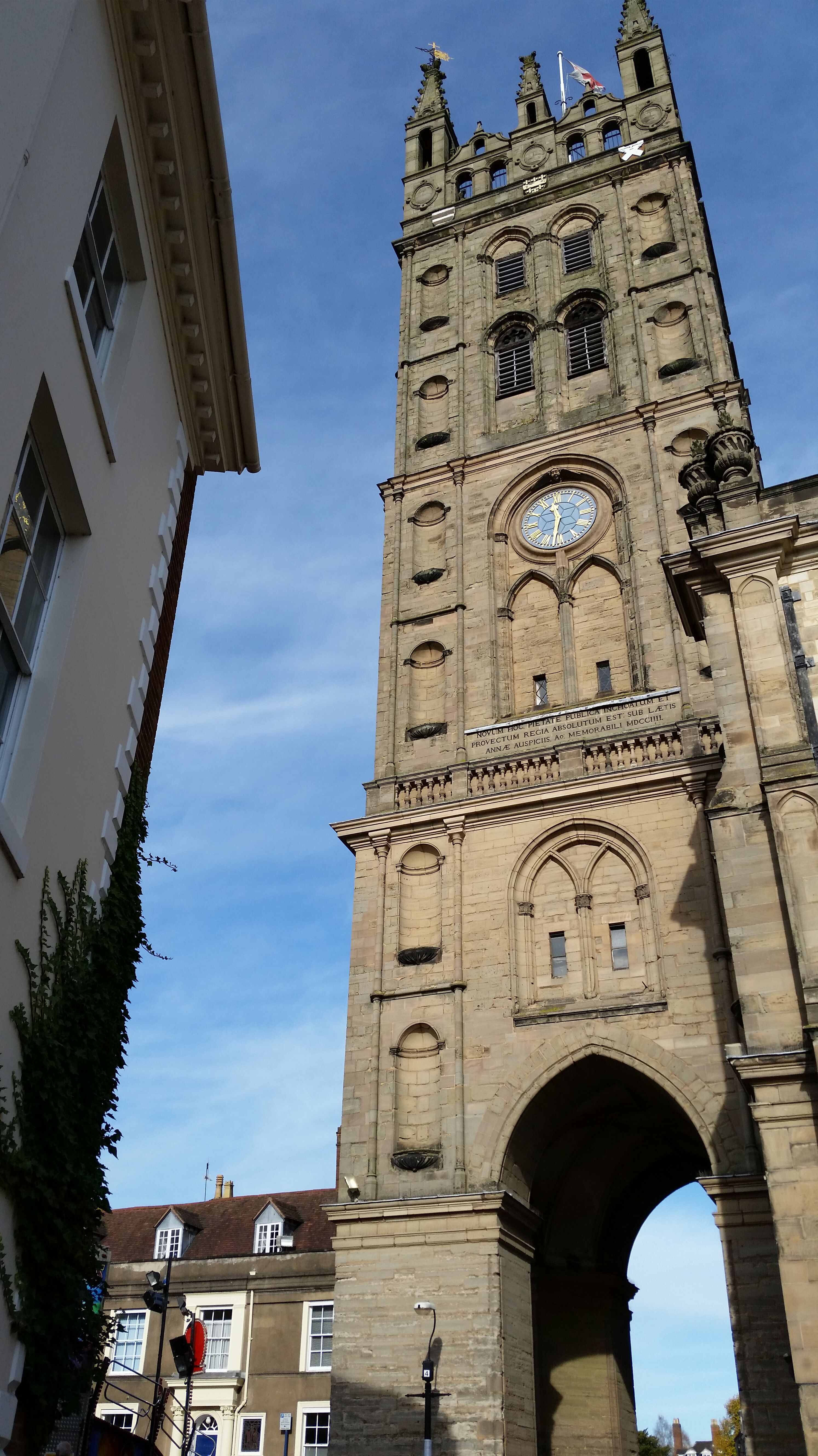 Gothic tower St Marys Church Warwick sited over the street photo credit Sheila Robinson Paranormal Warwickshire SC Skillman