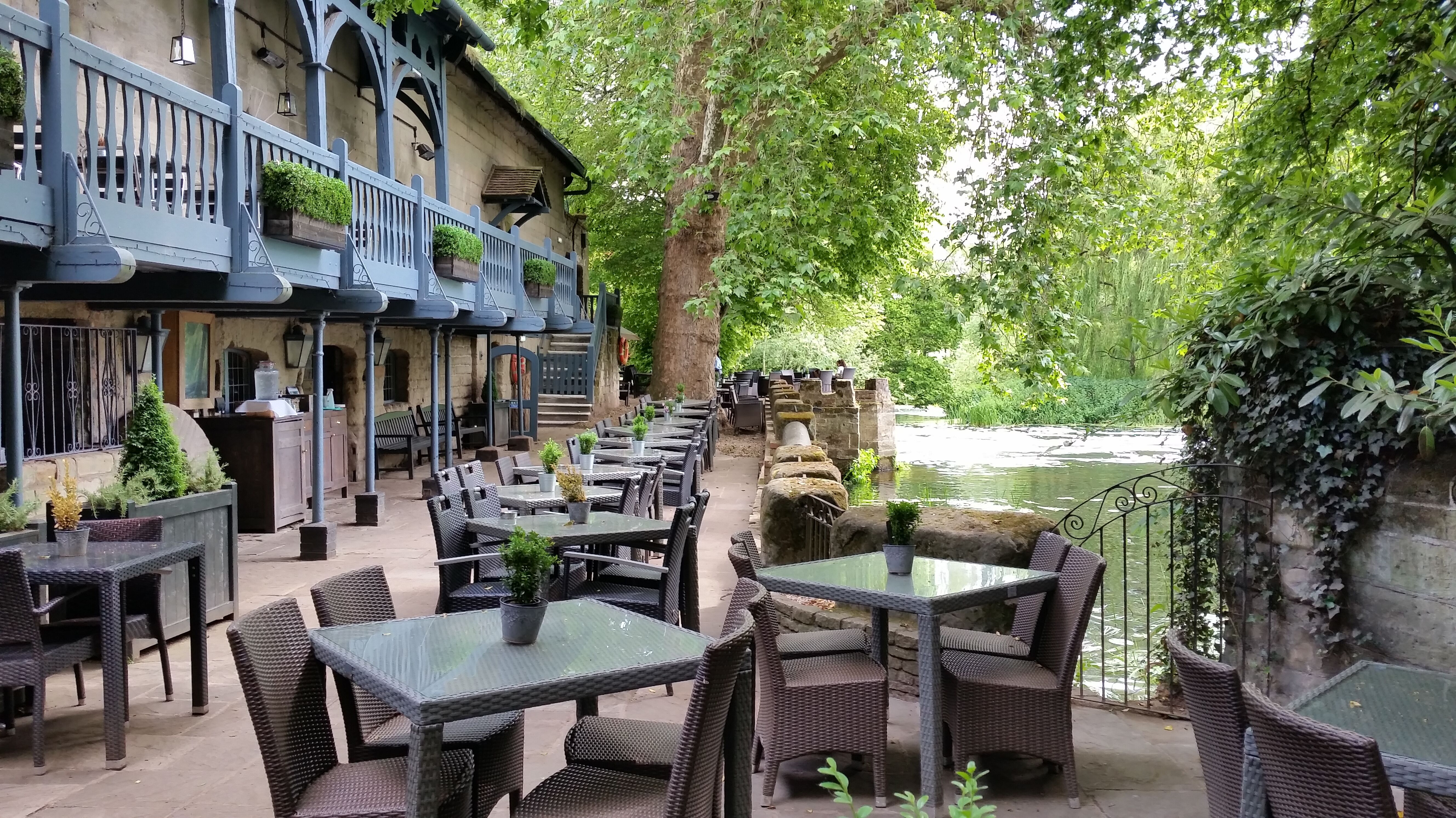 Saxon Mill Warwick outdoor dining area photo credit Jamie Robinson Paranormal Warwickshire SC Skillman