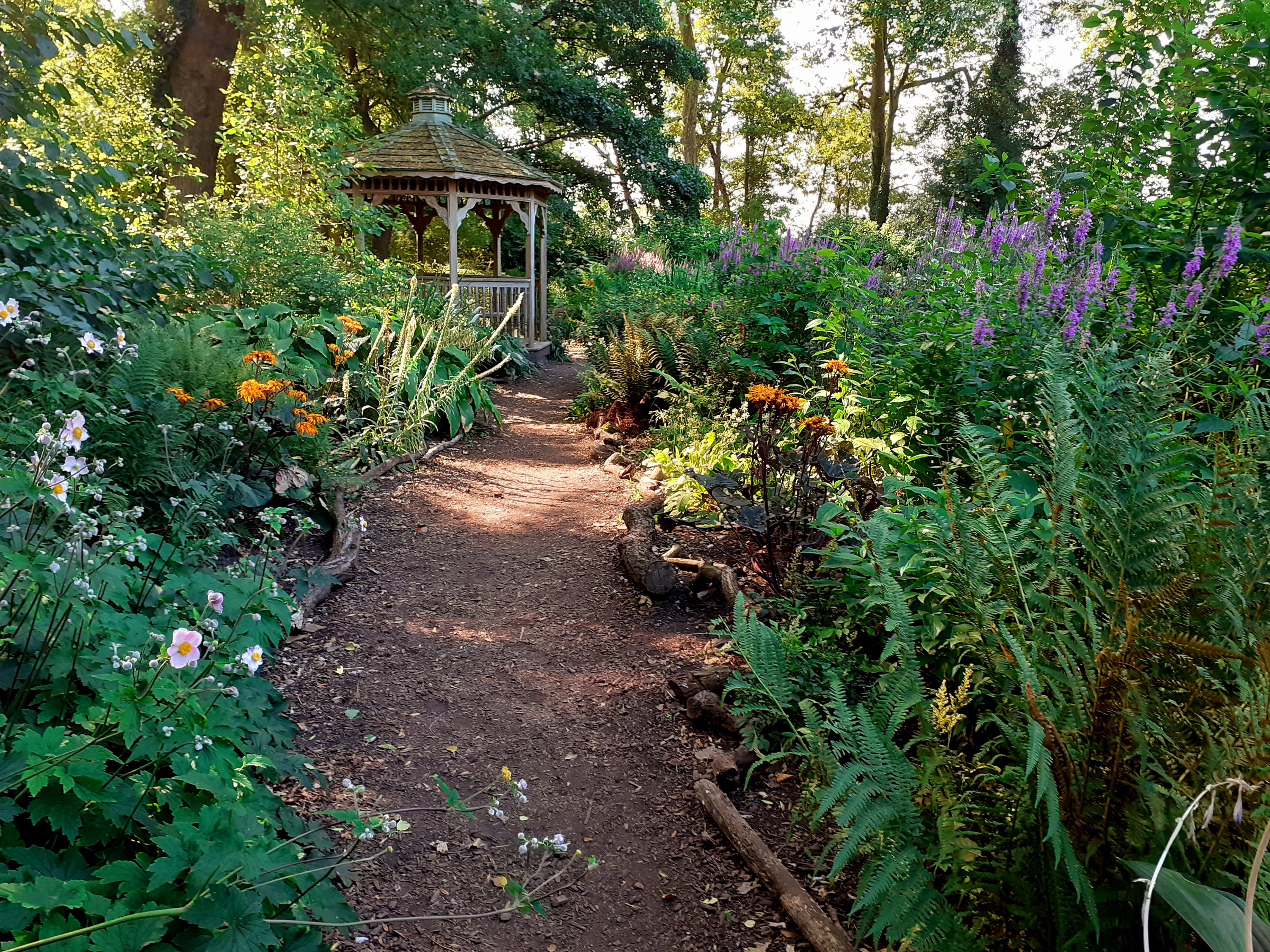 view gazebo bog garden Coughton Court Warwickshire