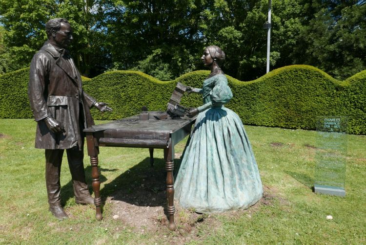 Charles Babbage and Ada Lovelace in bronze, Garden of Heroes and Villains, Dorsington, Warwickshire